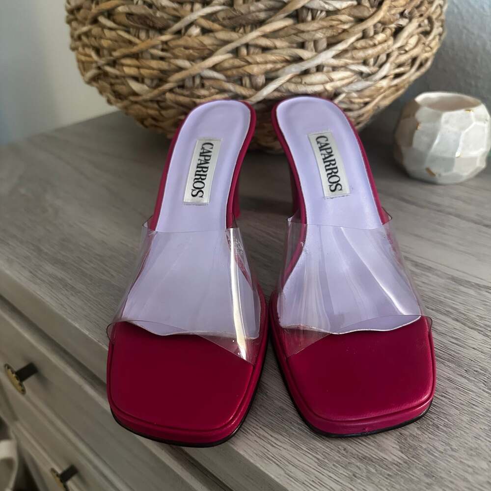 VTG Caparros Hot Pink Clear Strap Block‎ Heels Women's Size M Retro
